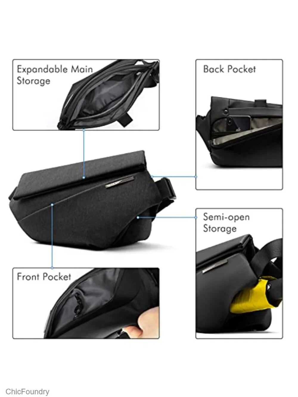 Expandable 5-6L Sling Bag with Five Zones, YKK Zipper and Mag-Snap, Men's
